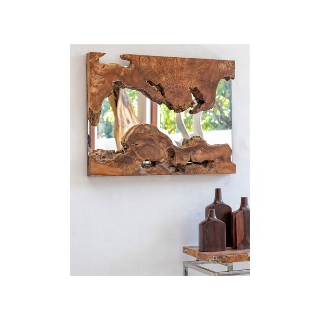 Oglinda de perete, lemn masiv de teak, nuanta natur, 62x62x5 cm